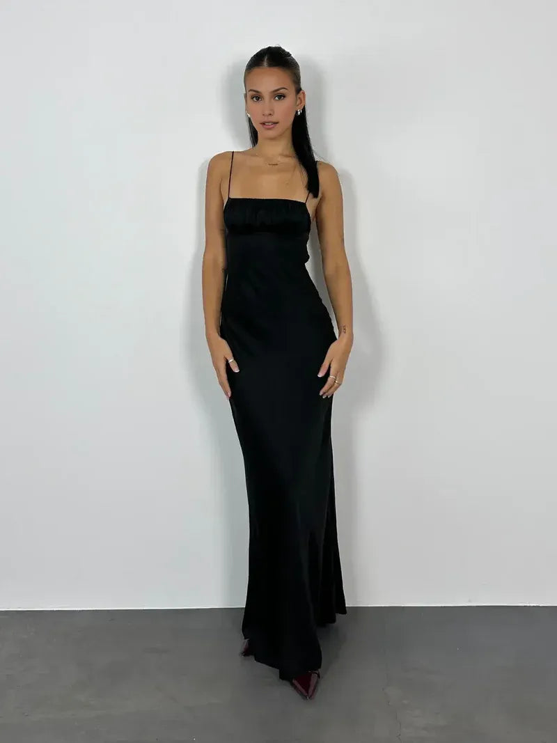 Weitese Dress Black Spaghetti Straps Sleeveless Prom Dress Pleated Floor Length Evening Dress