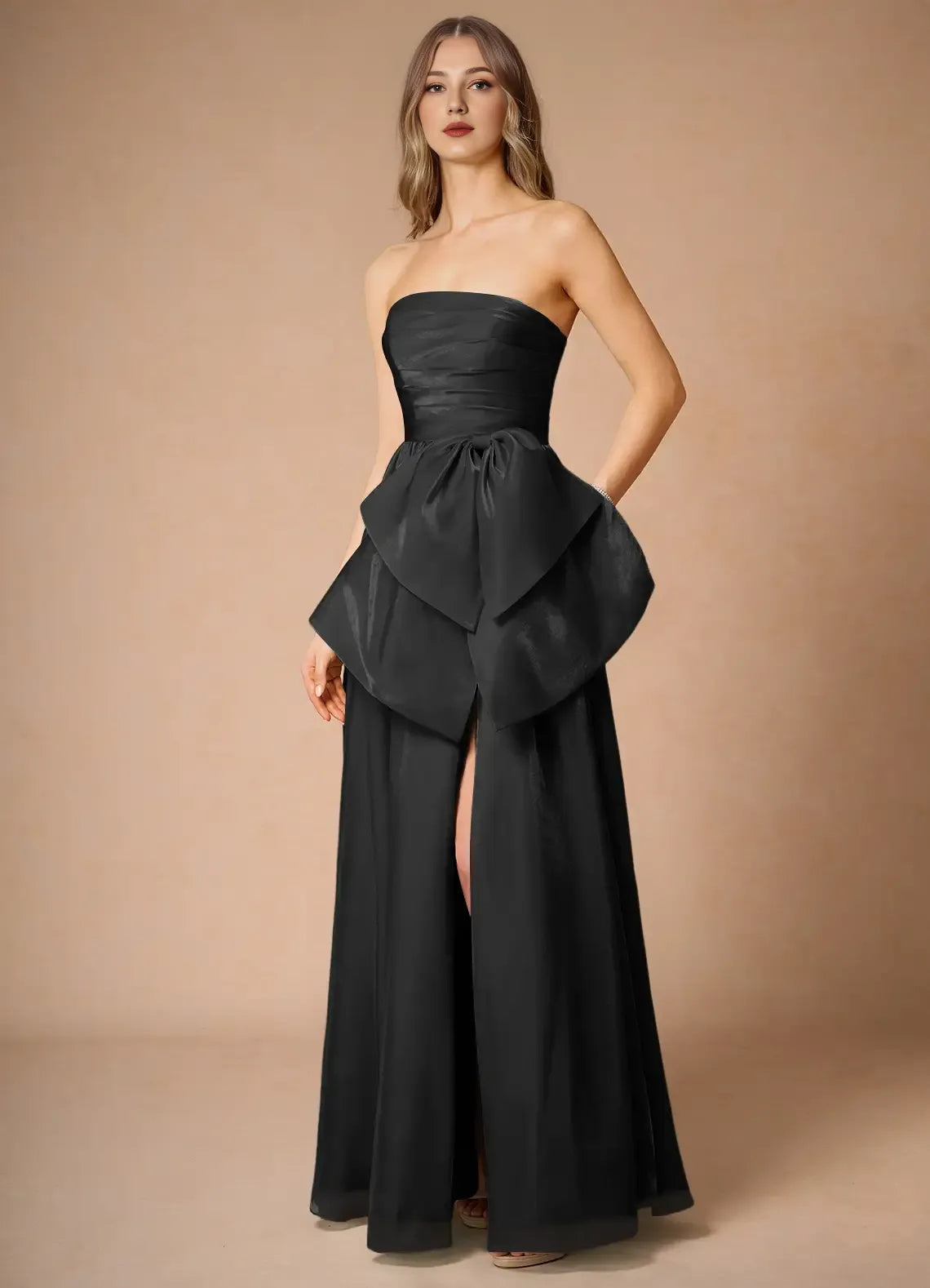 Weitese Dress Black Strapless Elegant Satin Maxi Dress Sleeveless A-line Backless Prom Dress With Slit