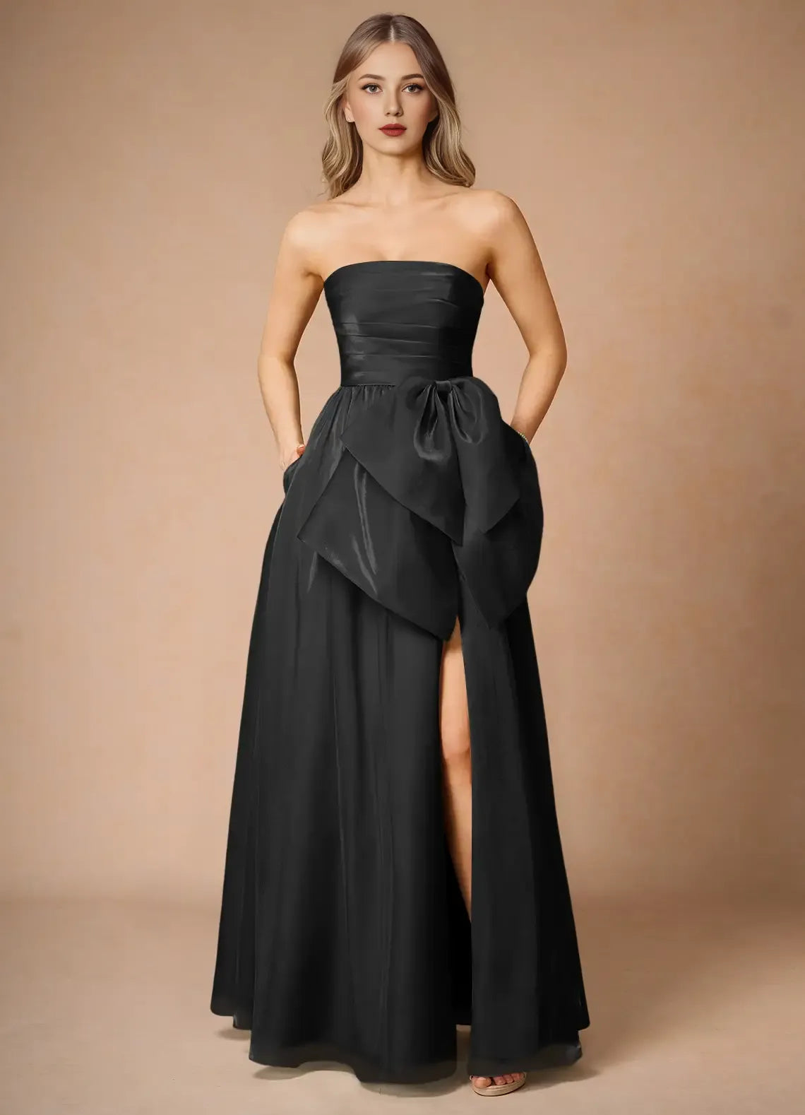 Weitese Dress Black Strapless Elegant Satin Maxi Dress Sleeveless A-line Backless Prom Dress With Slit