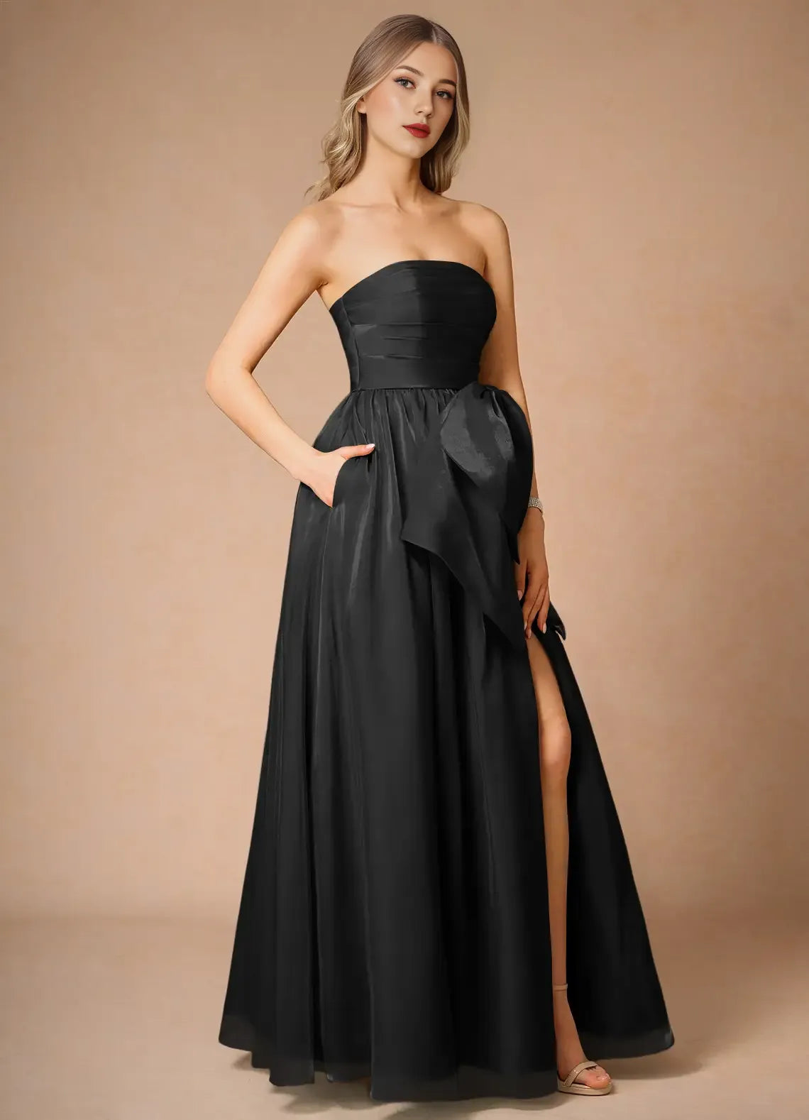 Weitese Dress Black Strapless Elegant Satin Maxi Dress Sleeveless A-line Backless Prom Dress With Slit