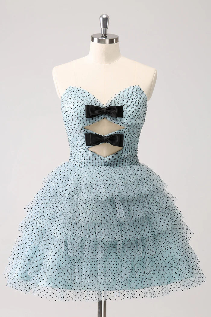Weitese Dress Blue A Line Tiered Dotted Strapless Homecoming Dress Sleeveless Bows Party Dress