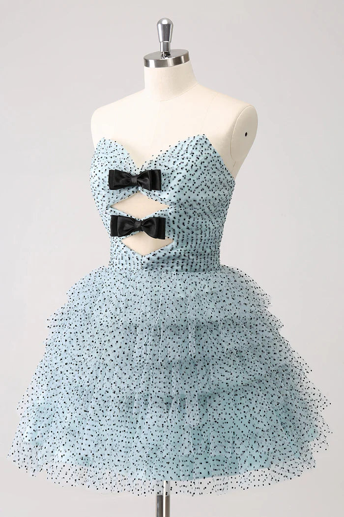 Weitese Dress Blue A Line Tiered Dotted Strapless Homecoming Dress Sleeveless Bows Party Dress