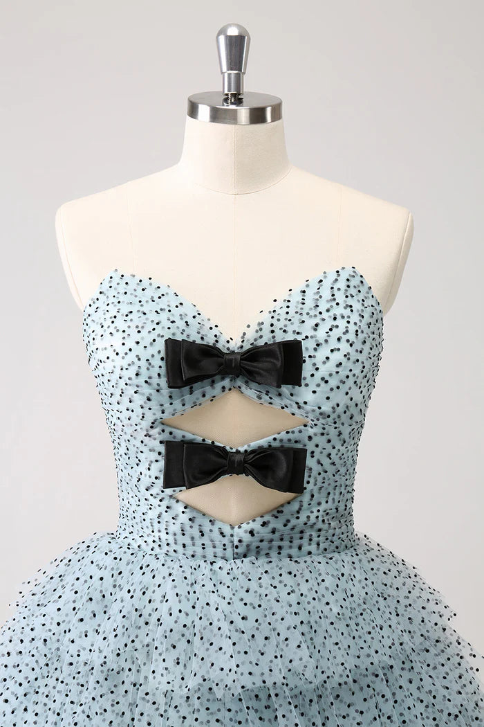 Weitese Dress Blue A Line Tiered Dotted Strapless Homecoming Dress Sleeveless Bows Party Dress