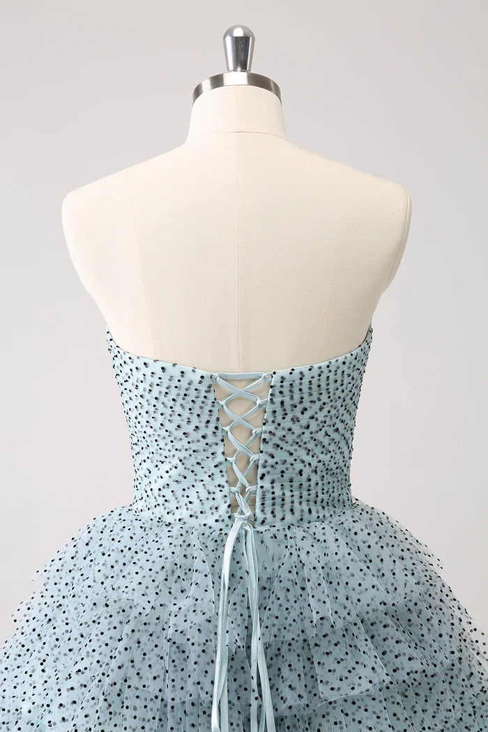 Weitese Dress Blue A Line Tiered Dotted Strapless Homecoming Dress Sleeveless Bows Party Dress
