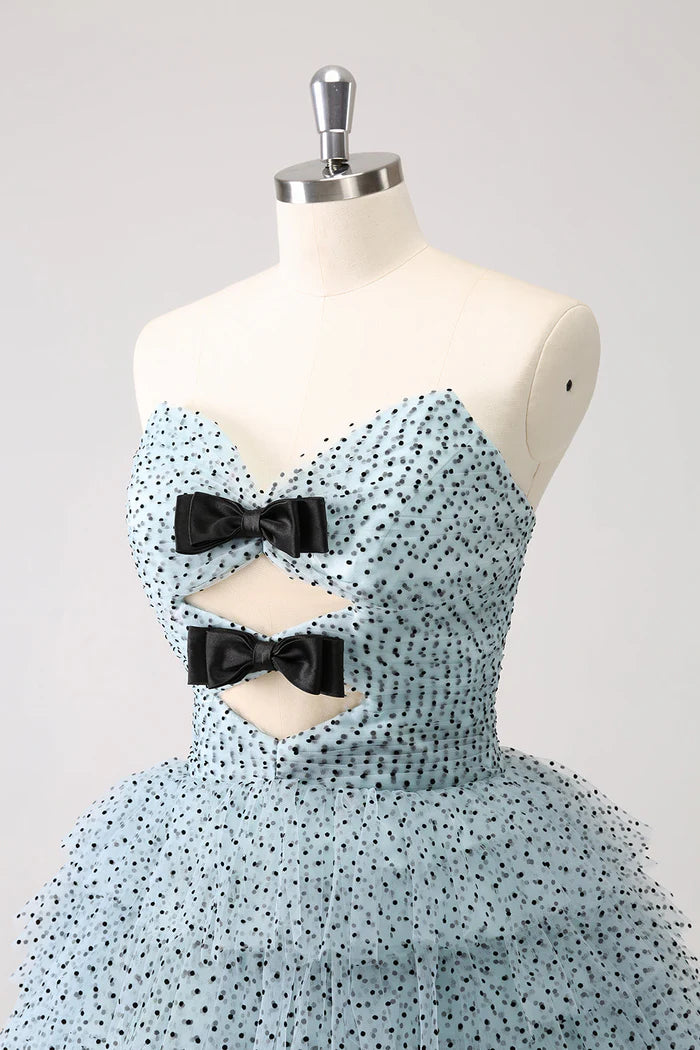 Weitese Dress Blue A Line Tiered Dotted Strapless Homecoming Dress Sleeveless Bows Party Dress