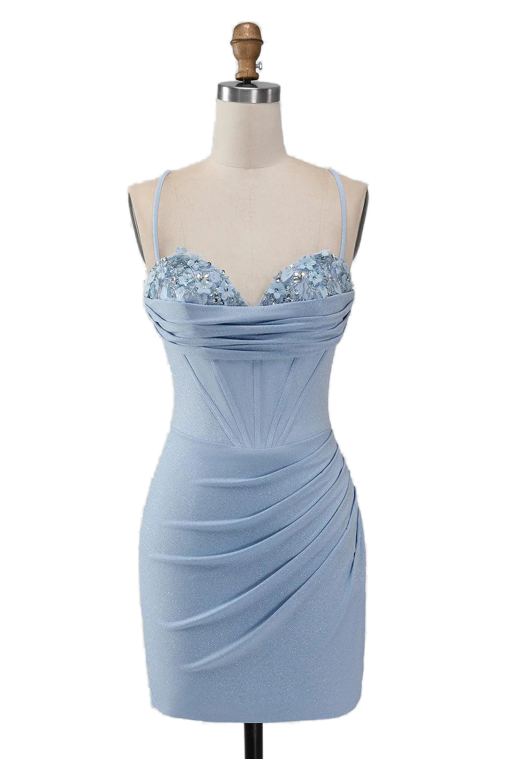 Weitese Dress Blue Floral Neck Ruched Bodycon Short Dress