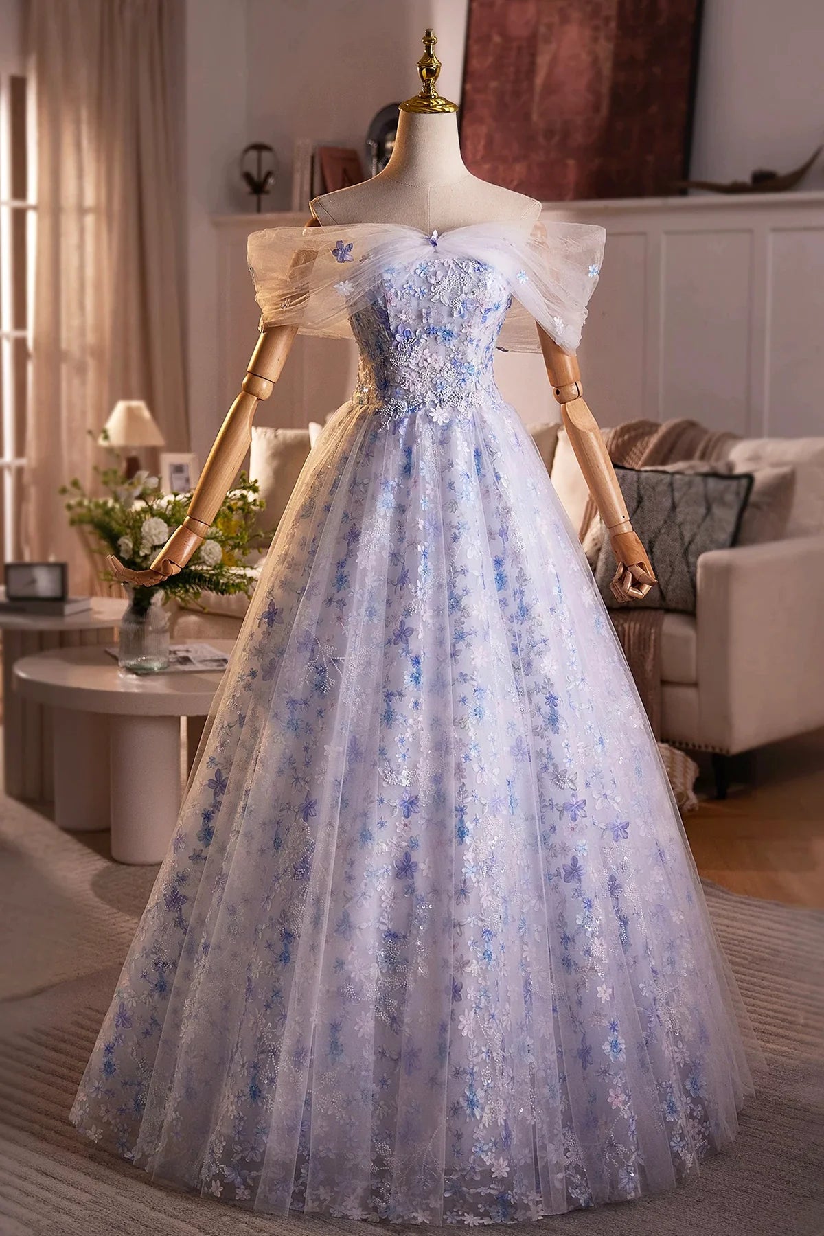 Weitese Dress Blue Flower Fairy Tulle Long Evening Dress Beautiful Off the Shoulder Lace-Up Prom Dress