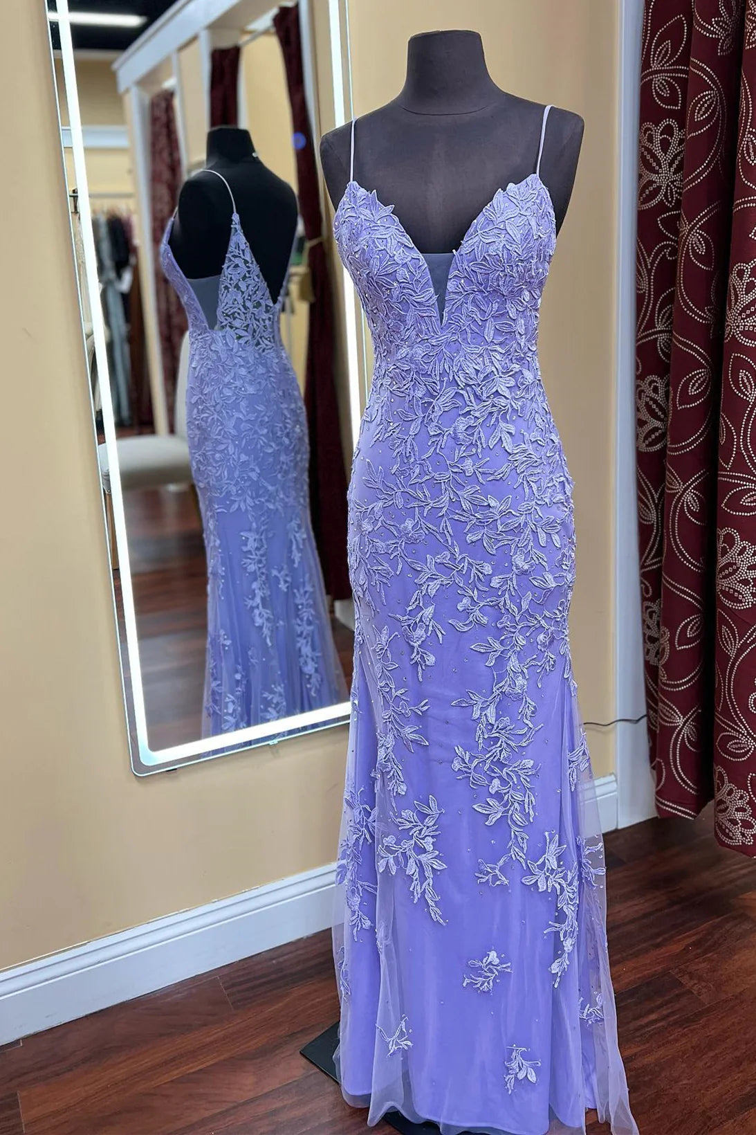 Weitese Dress Blue Lace Appliques Mermaid Spaghetti Straps Formal Dress Maxi Dress Prom Dress