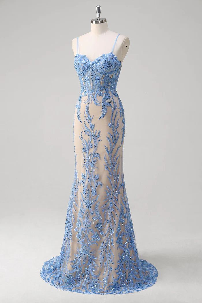 Vestido Weitese azul de sirena con corsé y tirantes finos, vestido largo de fiesta, vestido formal con lentejuelas, vestido de noche. 