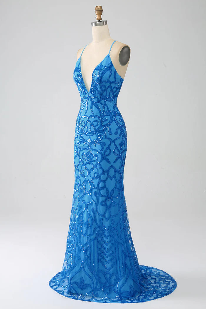 Robe Weitese bleue sirène à bretelles spaghetti et col en V, robe de soirée longue sans manches avec paillettes, robe de bal 