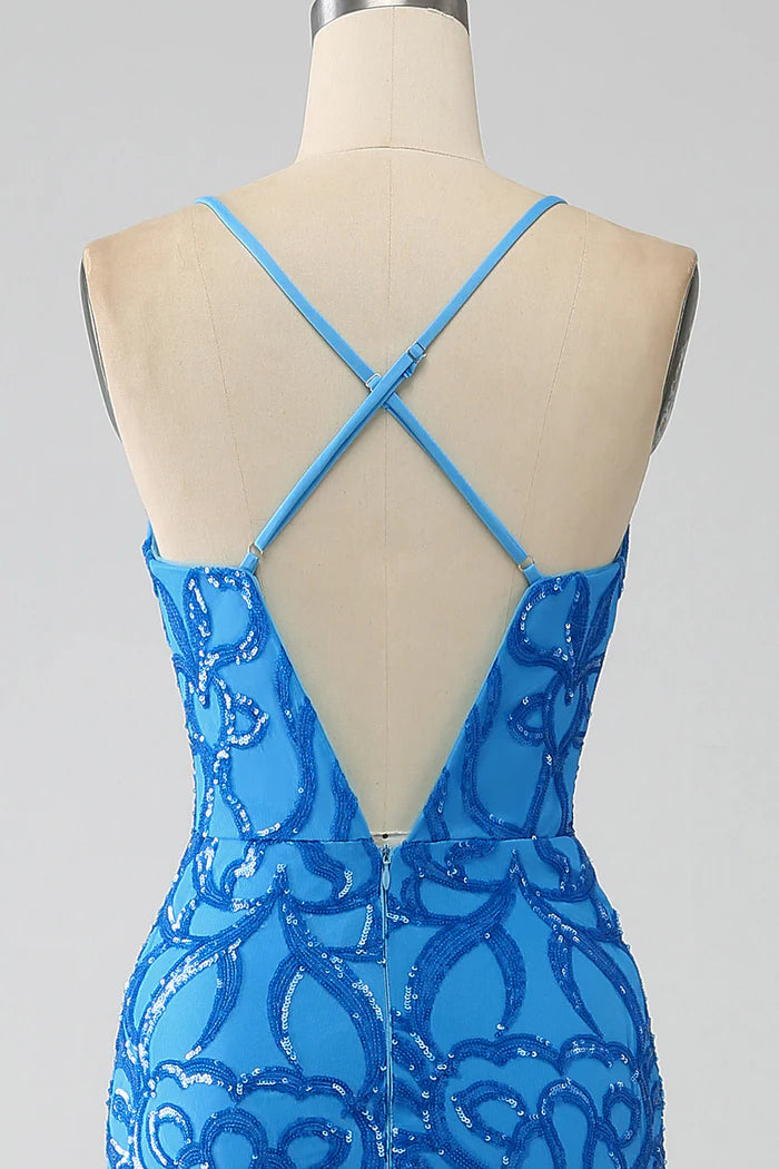 Robe Weitese bleue sirène à bretelles spaghetti et col en V, robe de soirée longue sans manches avec paillettes, robe de bal 