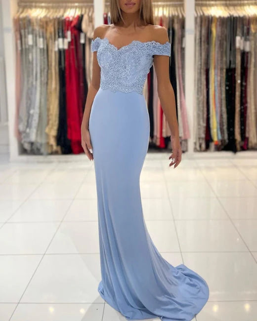 Weitese Dress Blue Off-the-shoulder Long Mermaid Prom Dresses With Lace