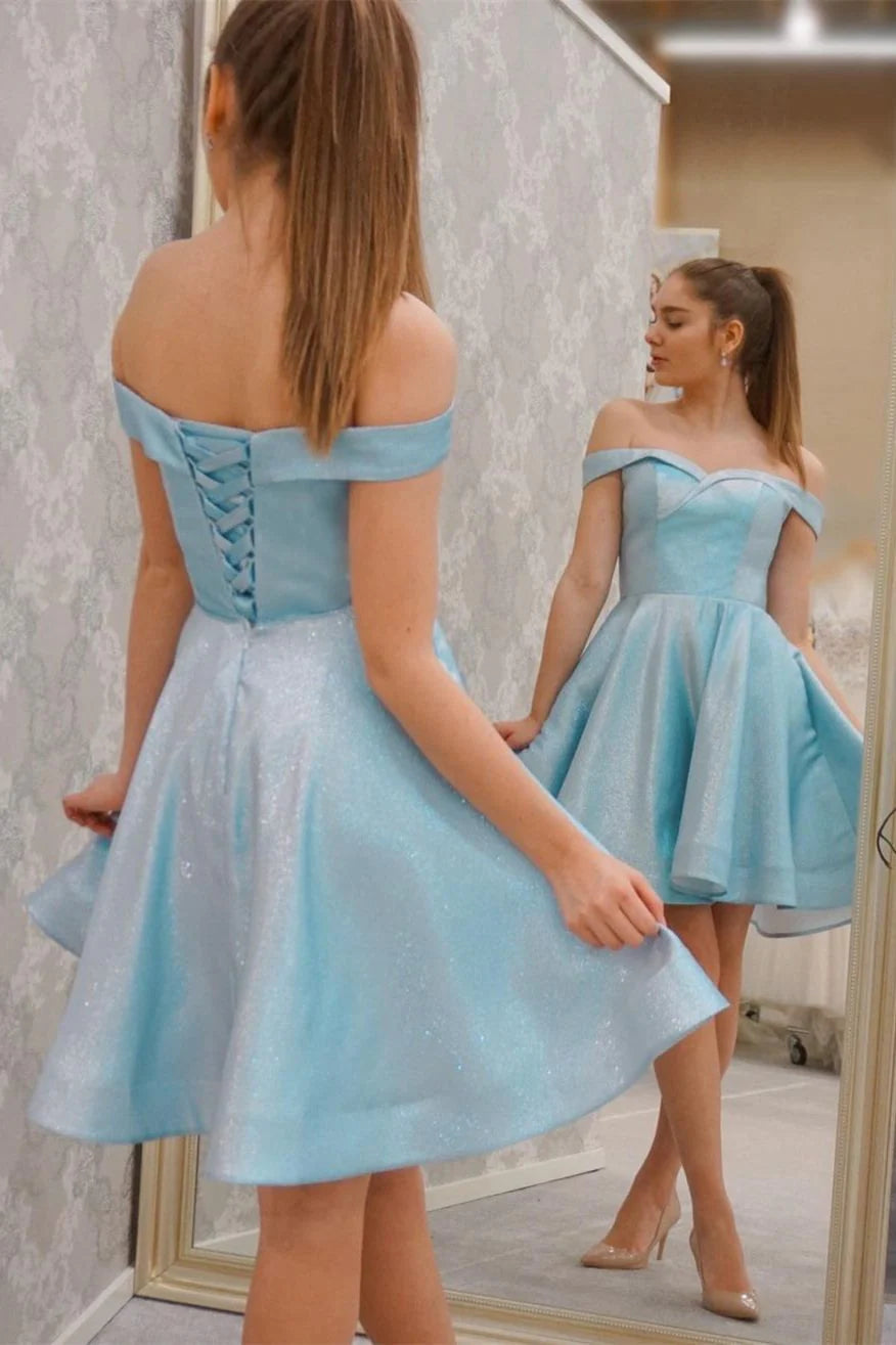 Weitese Dress Blue Off the Shoulder Short A-line Party Dress Sleeveless Lace Up Homecoming Dress
