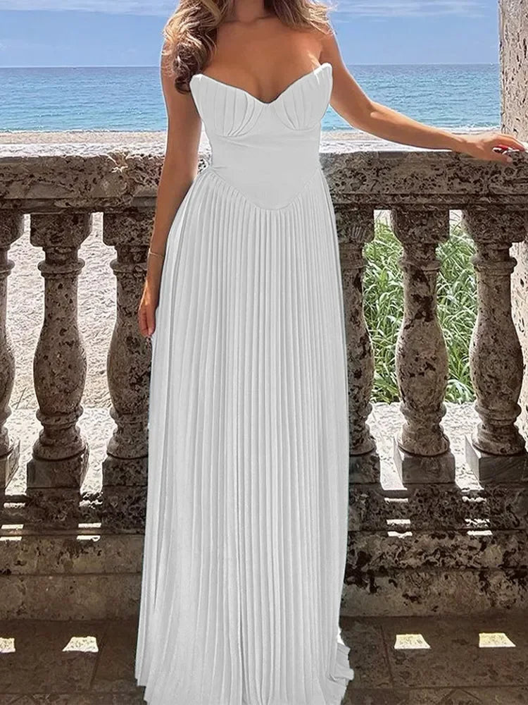 Weitese Dress Blue Pleated Maxi Dress Off-the-Shoulder White Long A-line Sleeveless Party Dress
