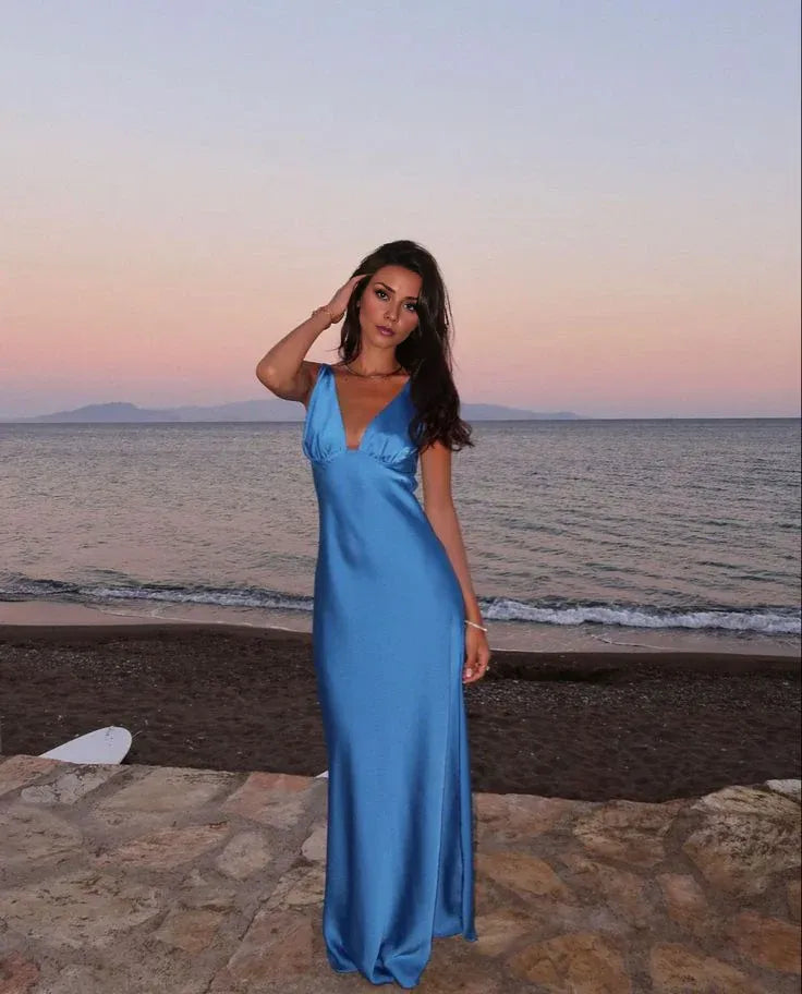 Robe de soirée Weitese bleue, simple et élégante, col en V, longue, en satin