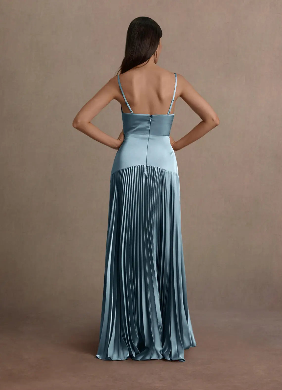 Weitese Dress Blue Spaghetti Straps V Neck Elegant Maxi Dress Prom Dress Sleeveless Backless Satin A-Line Evening Dress