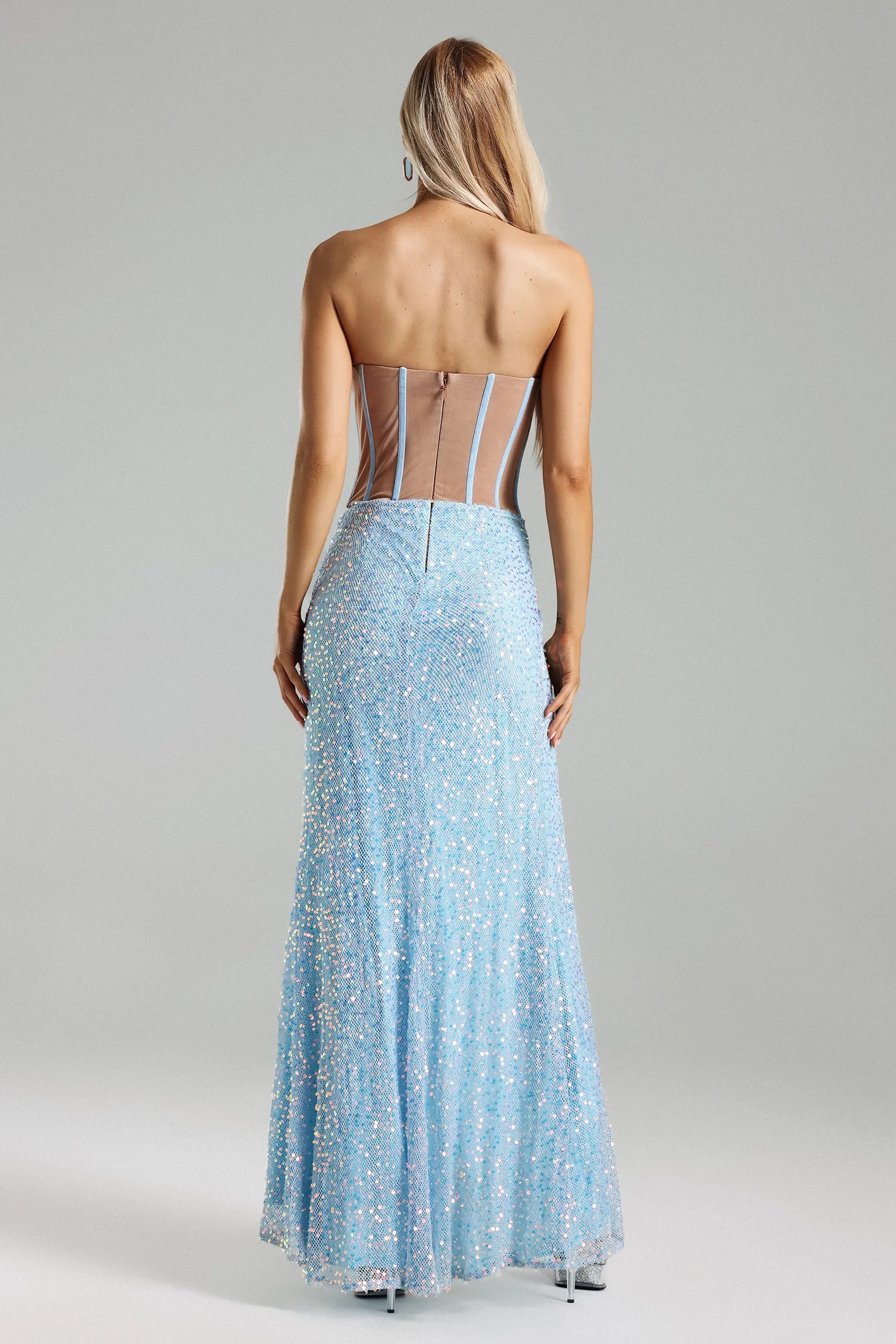 Weitese Dress Blue Strapless Sequin Dress for Women High Slit Evening Dress Stunning Cocktail Dress Prom Dress