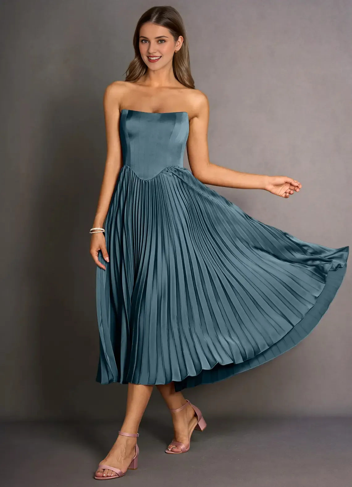 Robe Weitese bleu marine, sans bretelles, simple, plissée, longue, sans manches, couleur unie, à lacets, longueur thé, dos nu, robe de bal 