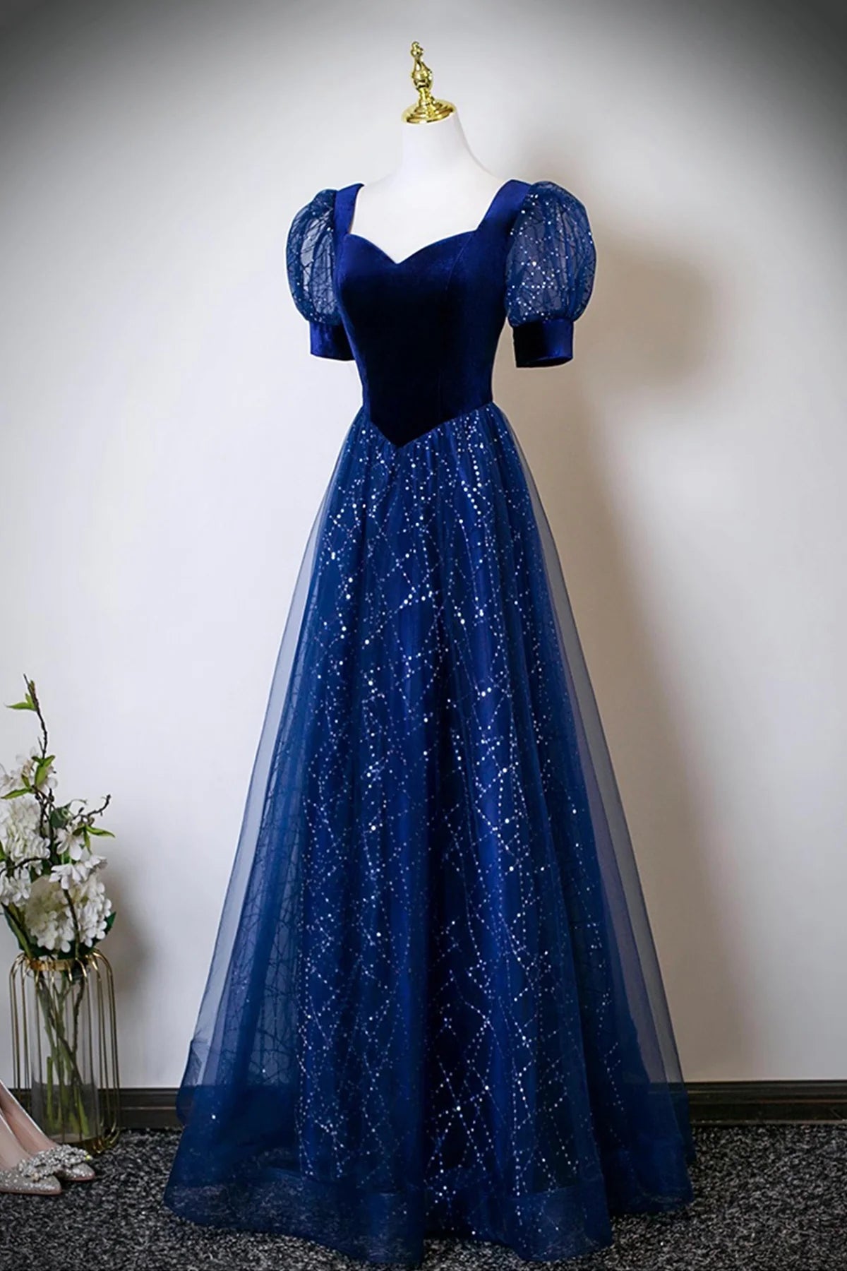 Weitese Dress Blue Velvet and Tulle Sequins Long Prom Dress Blue Evening Lace-up Party Dress