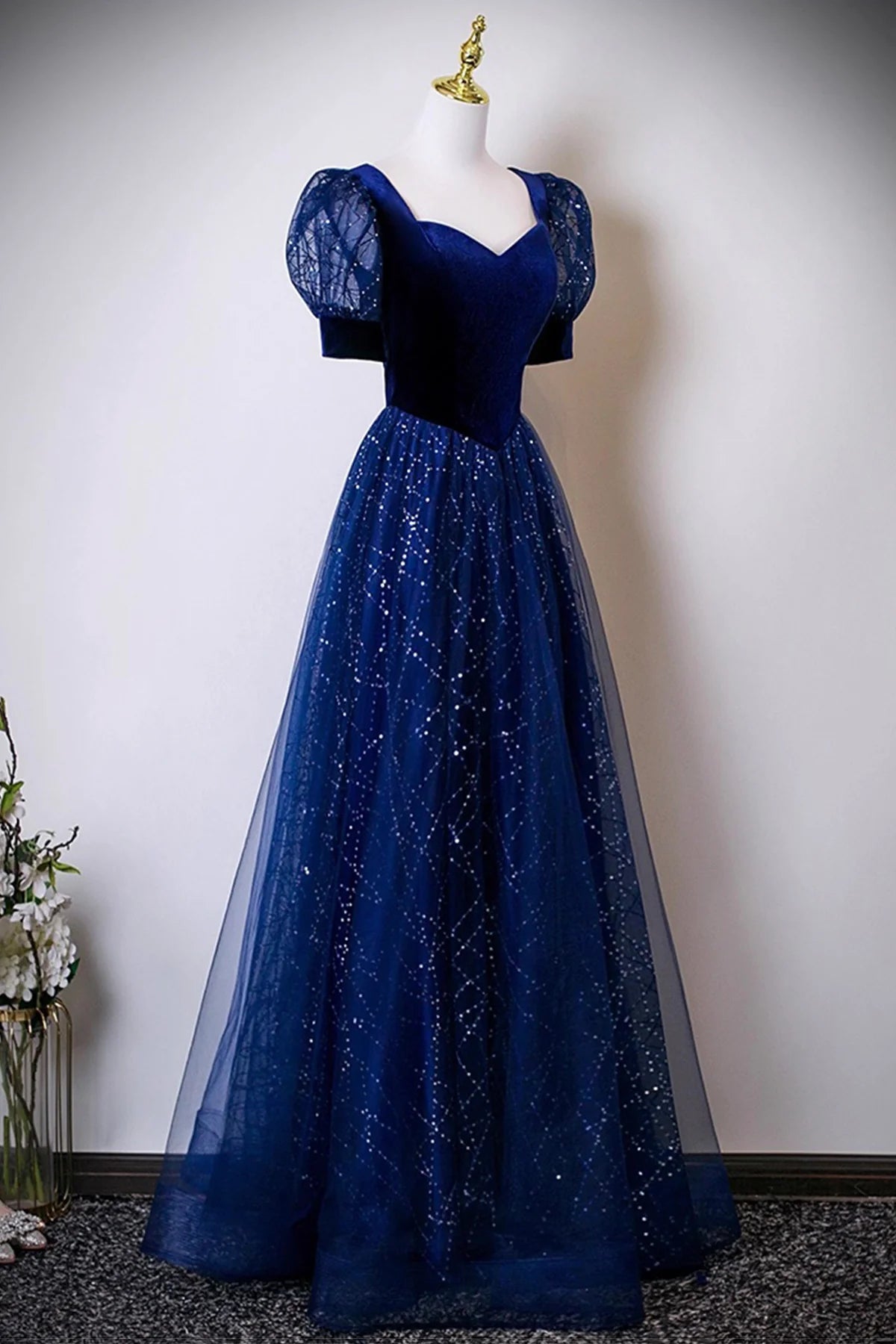 Weitese Dress Blue Velvet and Tulle Sequins Long Prom Dress Blue Evening Lace-up Party Dress