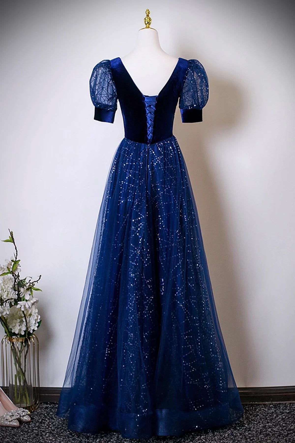 Weitese Dress Blue Velvet and Tulle Sequins Long Prom Dress Blue Evening Lace-up Party Dress