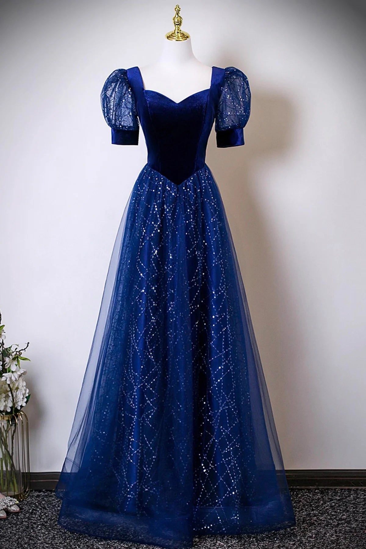 Weitese Dress Blue Velvet and Tulle Sequins Long Prom Dress Blue Evening Lace-up Party Dress