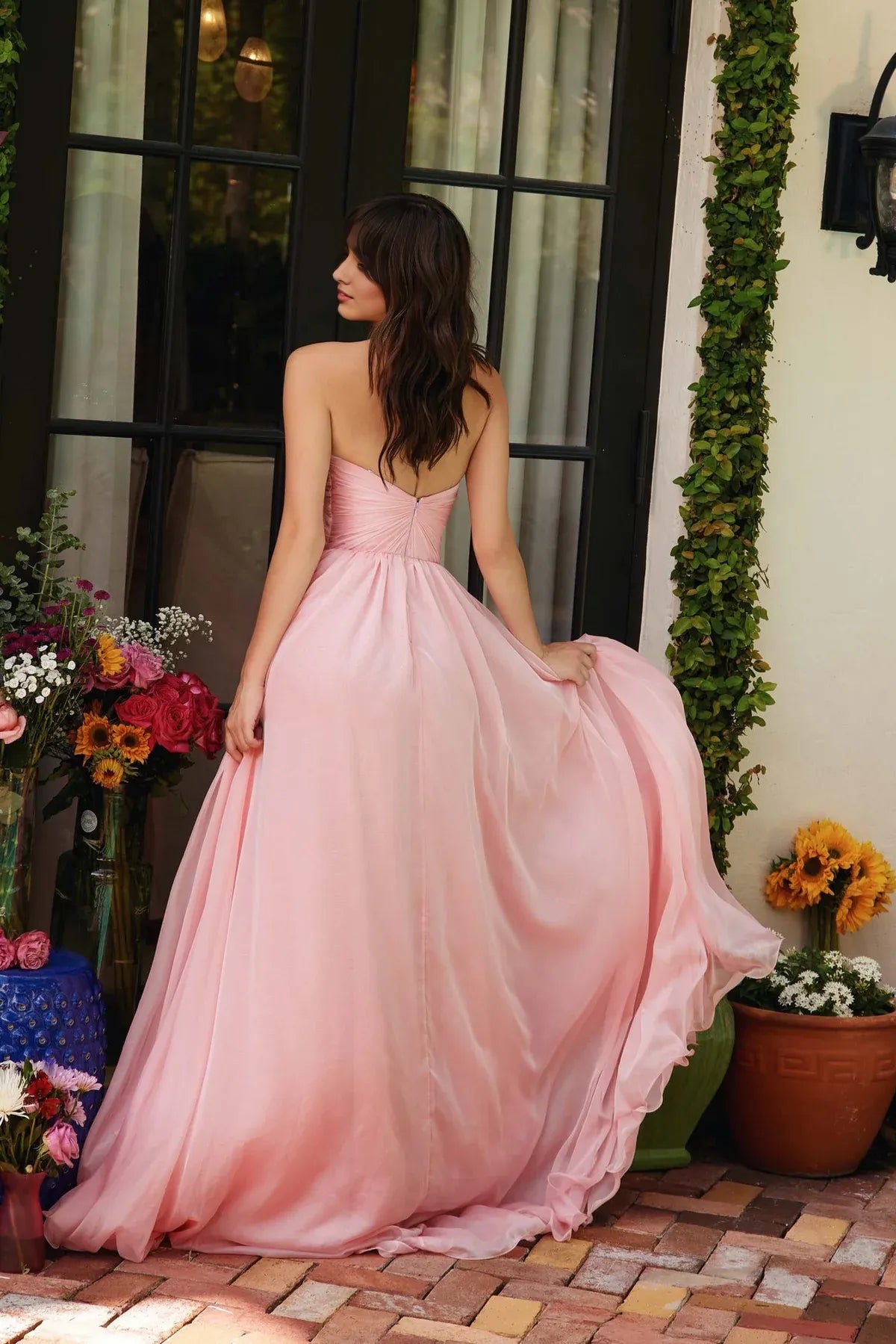 Weitese Dress Blush Evening Dress Strapless Construction Beaded Sweetheart Bodice Chiffon Skirt And A Bold High Slit Prom Dress