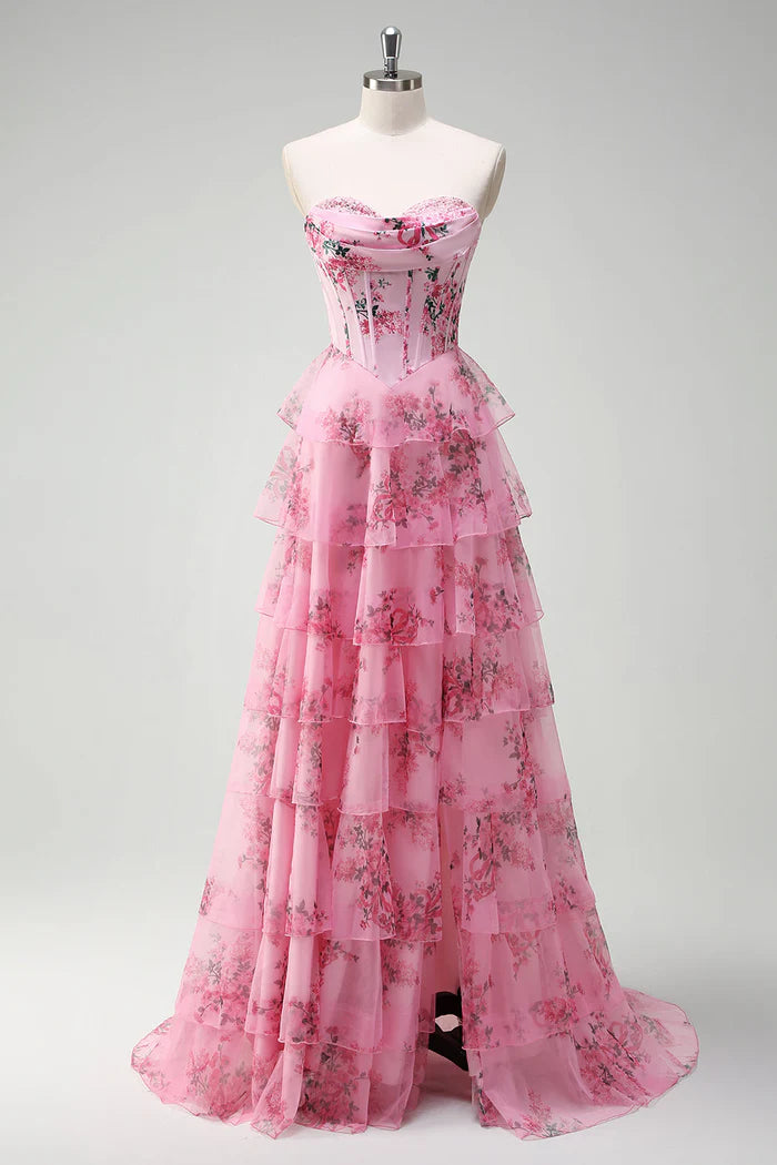 Robe Weitese Blush Floral A Line Bustier Corset Maxi Robe à Volants Robe de Bal Robe de Soirée Dos Nu 