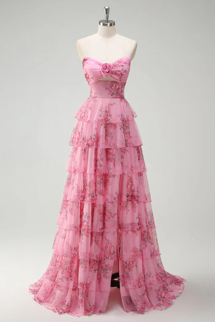 Robe Weitese à imprimé floral blush, robe de princesse à volants et décolleté en cœur, robe de bal avec fente, robe de soirée 