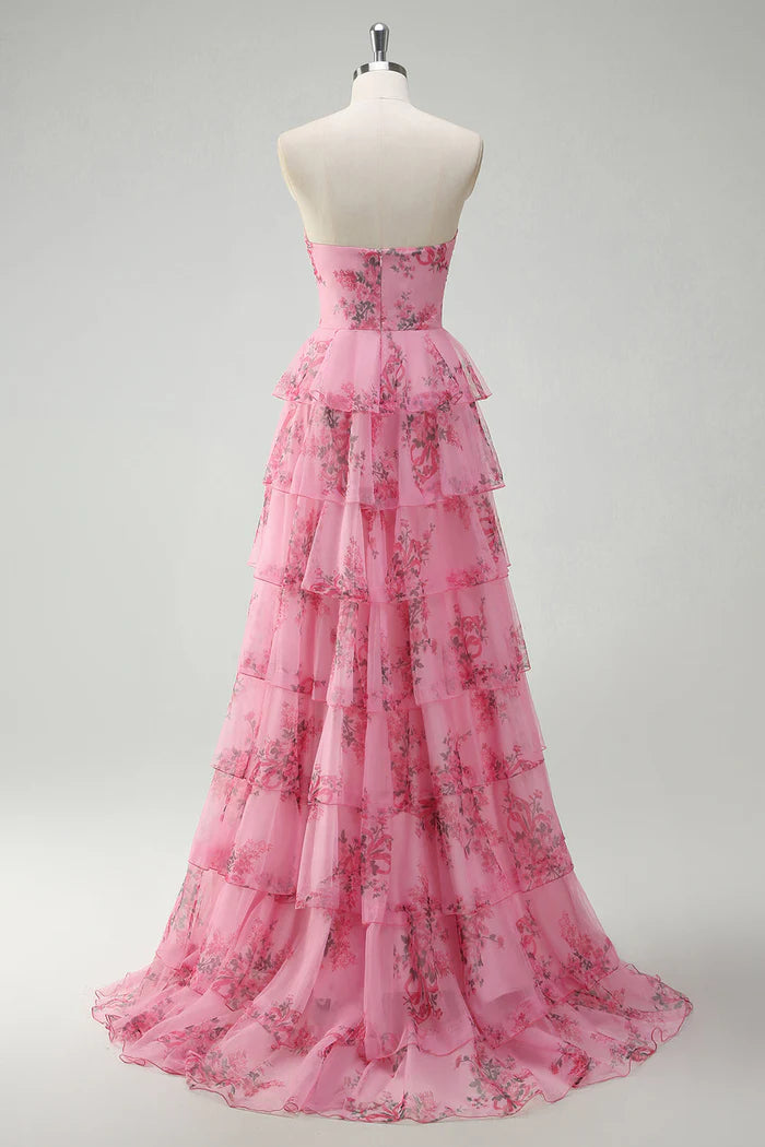 Robe Weitese à imprimé floral blush, robe de princesse à volants et décolleté en cœur, robe de bal avec fente, robe de soirée 