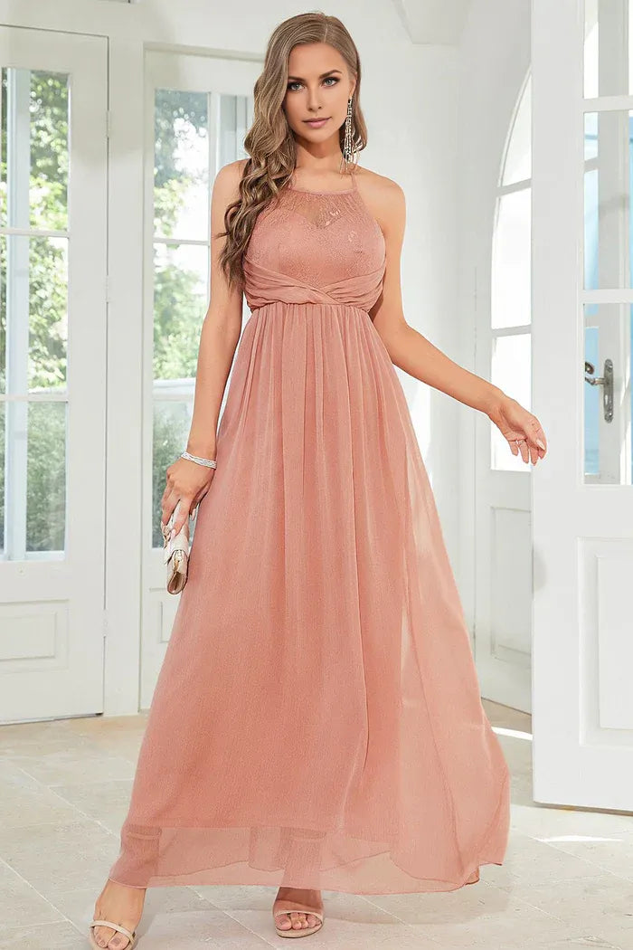 Weitese Dress Blush Halter A Line Backless Party Dress Sleeveless Floor-Length Prom Dress