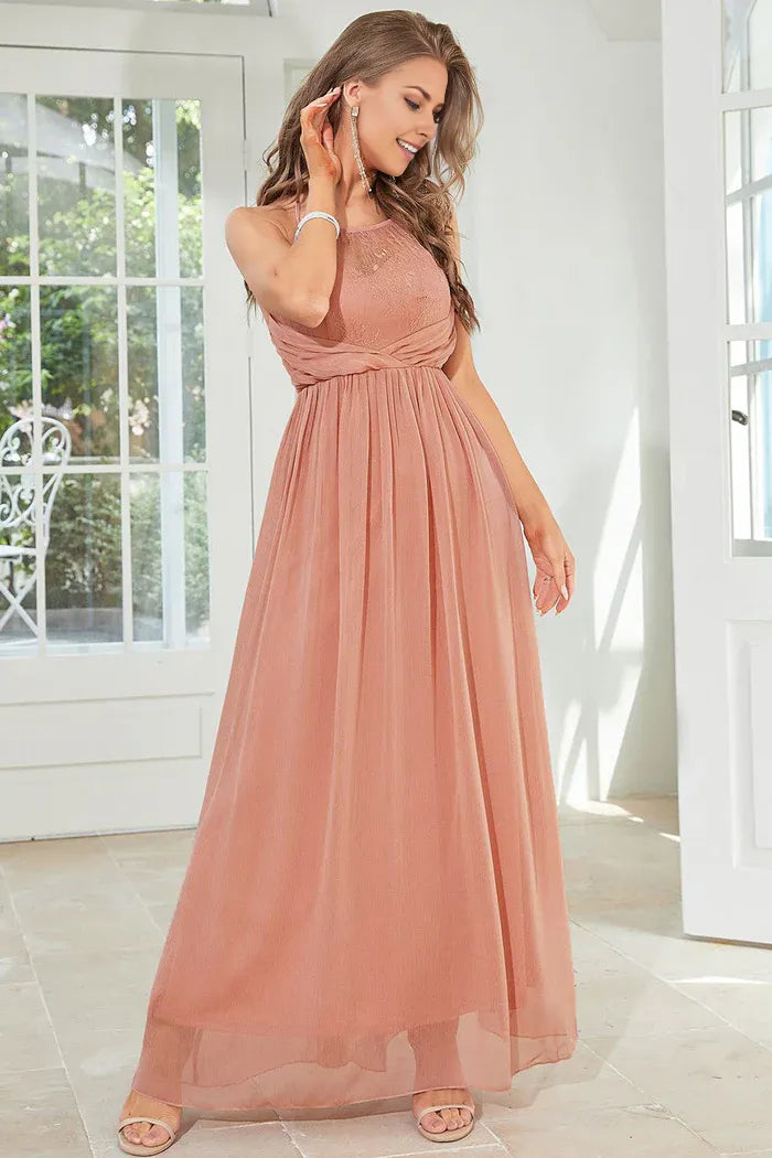 Weitese Dress Blush Halter A Line Backless Party Dress Sleeveless Floor-Length Prom Dress