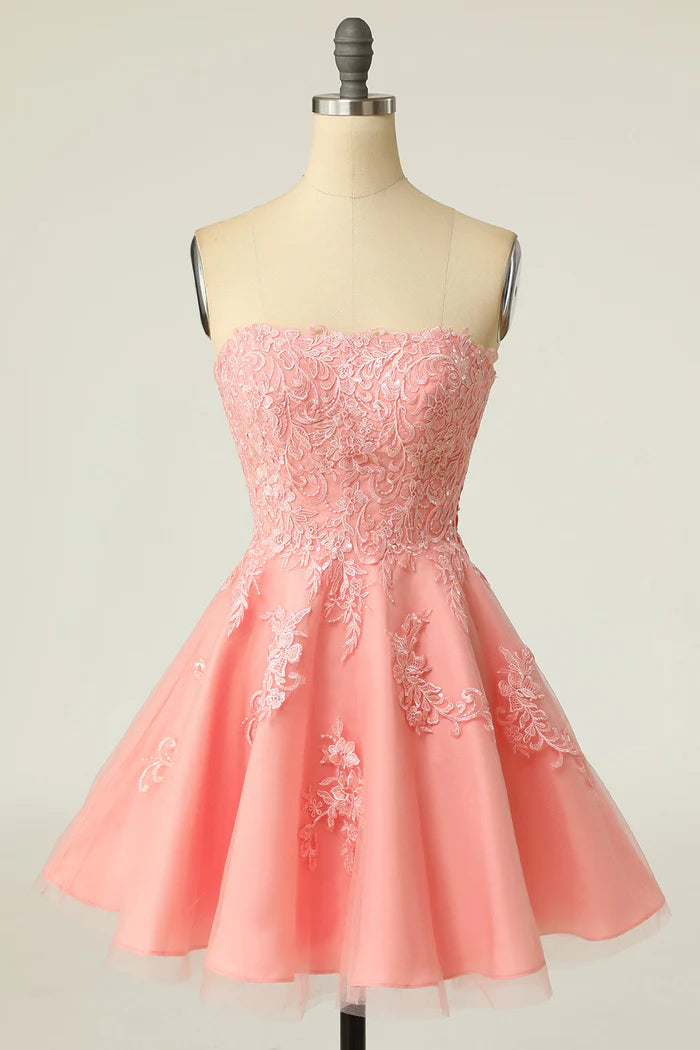 Weitese Dress Blush Strapless Short Prom Dress With Appliques A-line Homecoming Dress