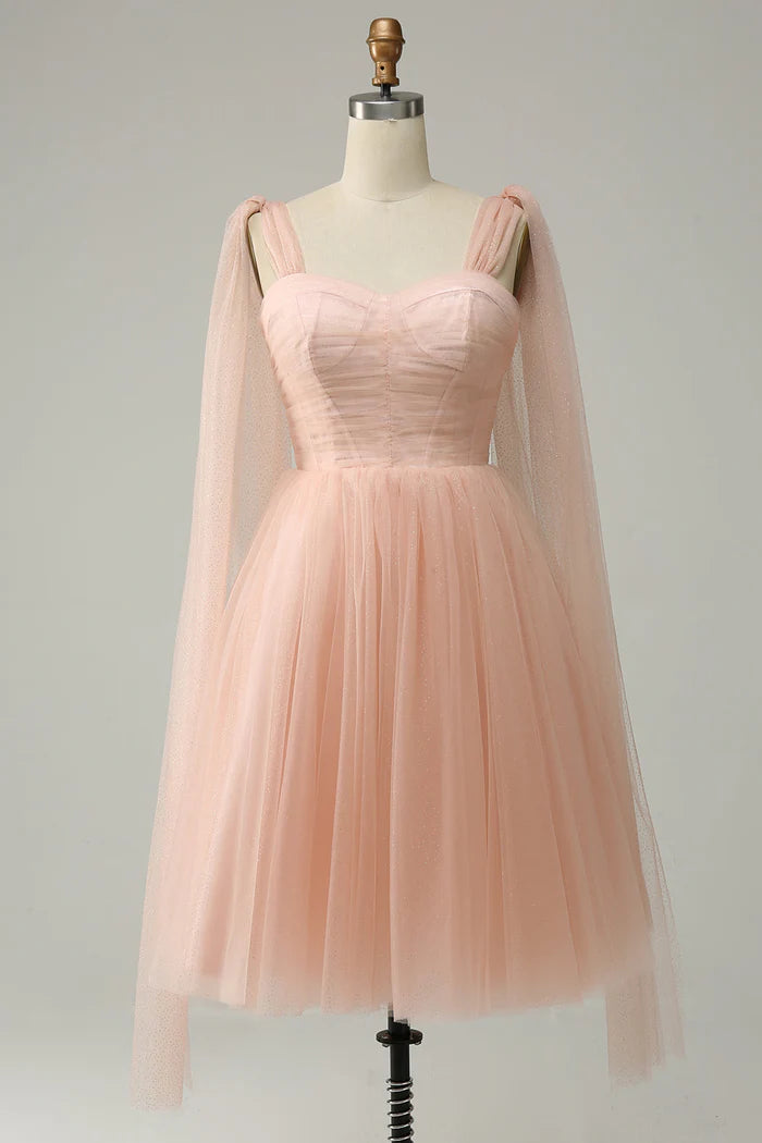 Weitese Dress Blush Tulle A-Line Homecoming Dress Strapless Sleeveless Lace Up Prom Dress