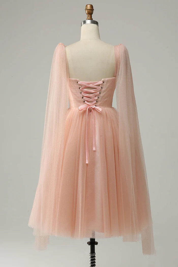 Weitese Dress Blush Tulle A-Line Homecoming Dress Strapless Sleeveless Lace Up Prom Dress