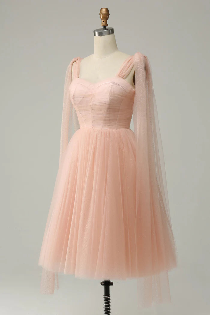 Weitese Dress Blush Tulle A-Line Homecoming Dress Strapless Sleeveless Lace Up Prom Dress