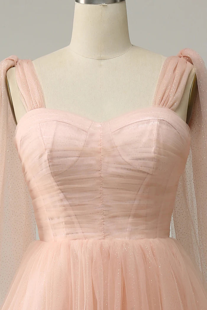 Weitese Dress Blush Tulle A-Line Homecoming Dress Strapless Sleeveless Lace Up Prom Dress