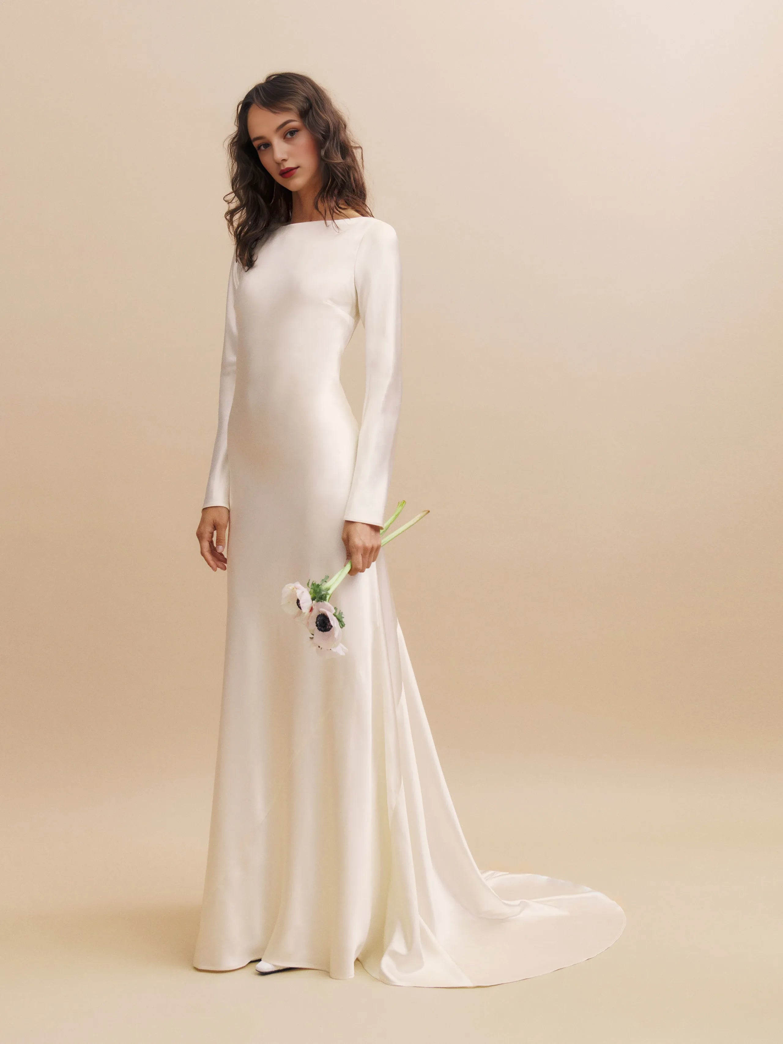 Weitese Dress Boat Neck Long Sleeve Satin Mermaid Wedding Dress Minimalist Sweep&Brush Train Backless Bride Dress