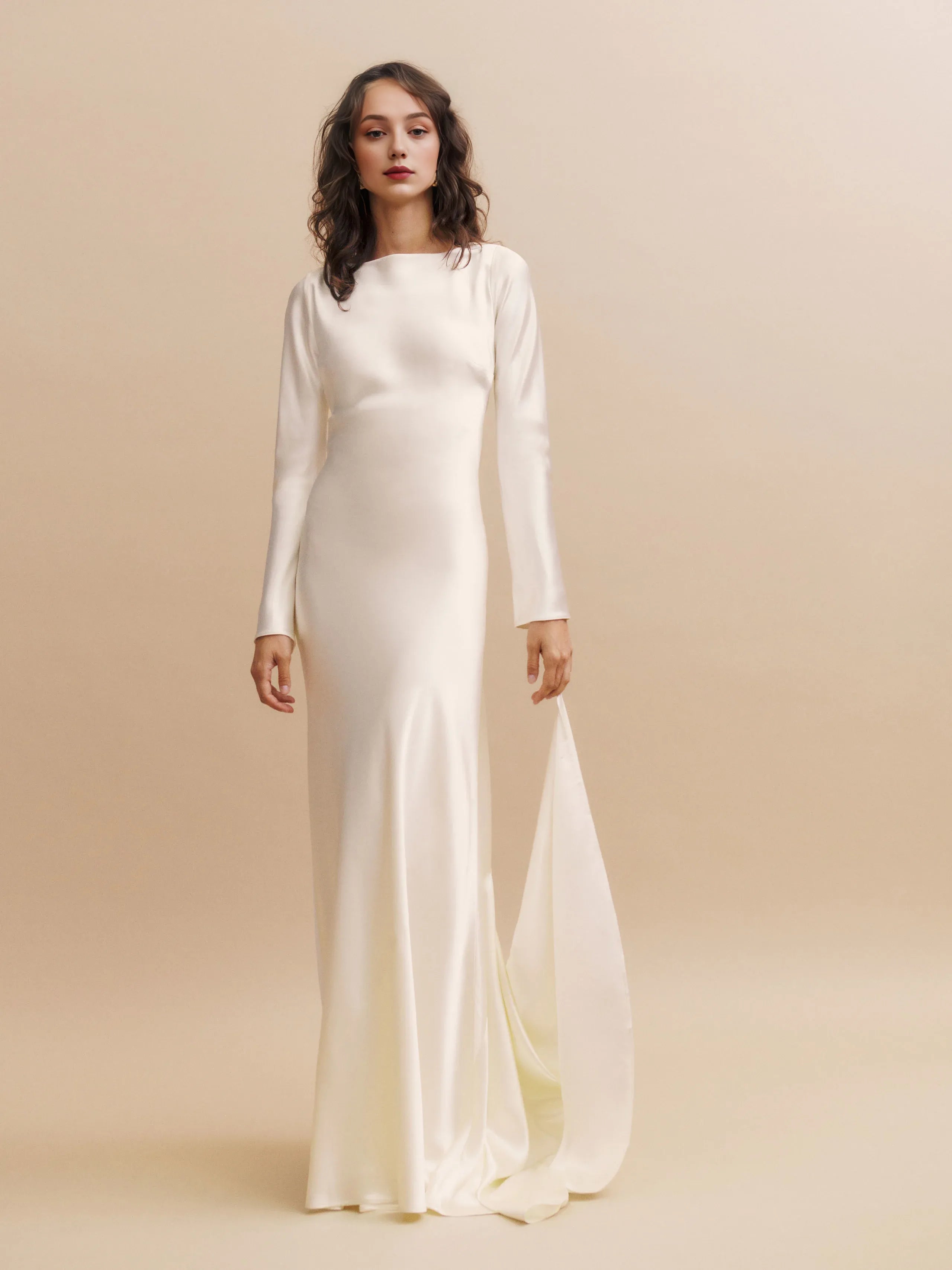 Weitese Dress Boat Neck Long Sleeve Satin Mermaid Wedding Dress Minimalist Sweep&Brush Train Backless Bride Dress