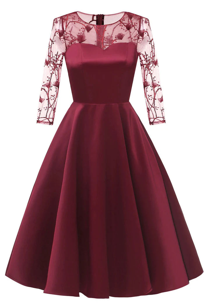 Weitese Dress Burgundy Applique A-line Cocktail Party Dress Long Sleeves Knee Length Satin Homecoming Dress