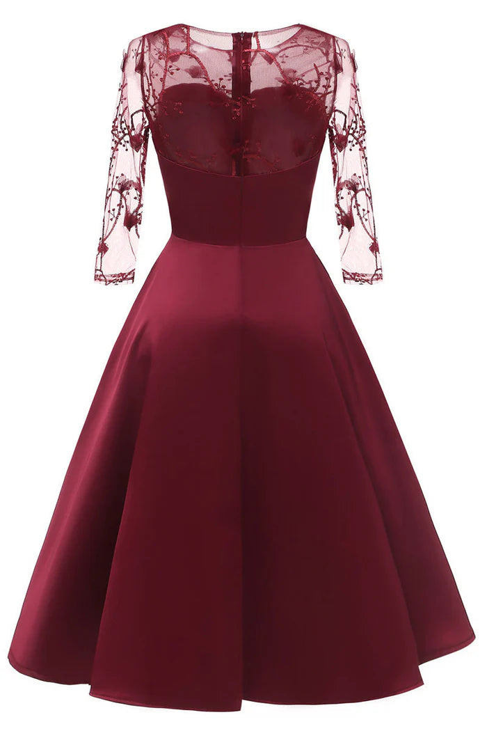Weitese Dress Burgundy Applique A-line Cocktail Party Dress Long Sleeves Knee Length Satin Homecoming Dress