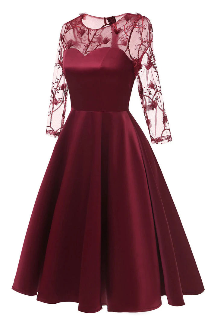 Weitese Dress Burgundy Applique A-line Cocktail Party Dress Long Sleeves Knee Length Satin Homecoming Dress