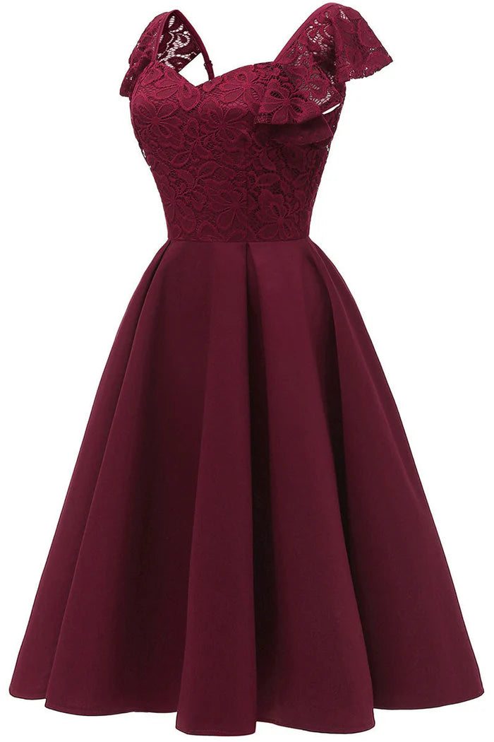 Weitese Dress Burgundy Cap Sleeves A-line Cocktail Party Dress Lace Appliques Homecoming Dress