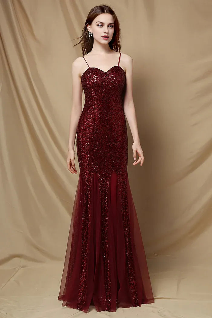 Weitese Dress Burgundy Mermaid Sequins Party Dress Spaghetti Straps Sleeveless Prom Dress