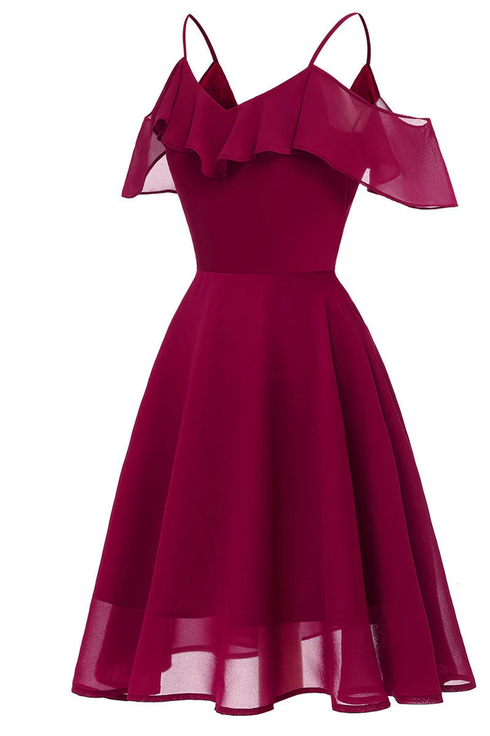 Weitese Dress Burgundy Off-the-shoulder A-line Spaghetti Straps Cocktail Party Dress Sleeveless Chiffon Homecoming Dress