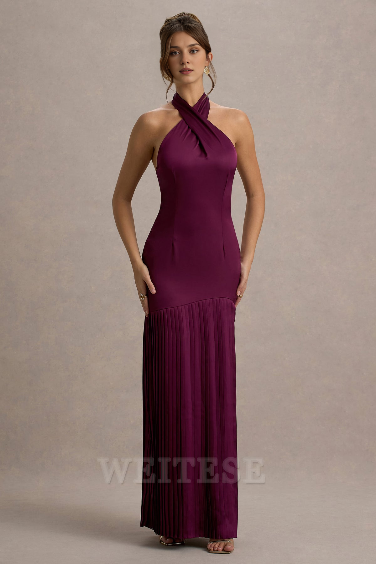 Robe Weitese bordeaux en satin croisé, col licou, robe longue plissée, robe de bal, robe de demoiselle d'honneur à lacets, sans manches, ourlet fendu 