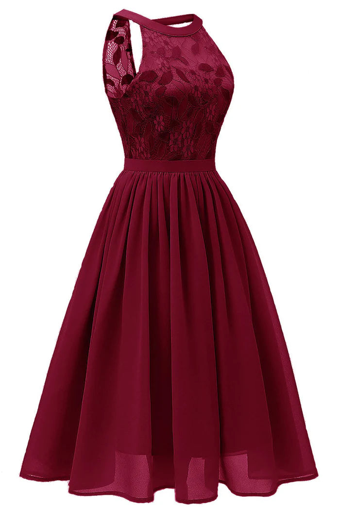 Weitese Dress Burgundy Sleeveless A-line Lace Cocktail Party Dress Sleeveless Chiffon Homecoming Dress