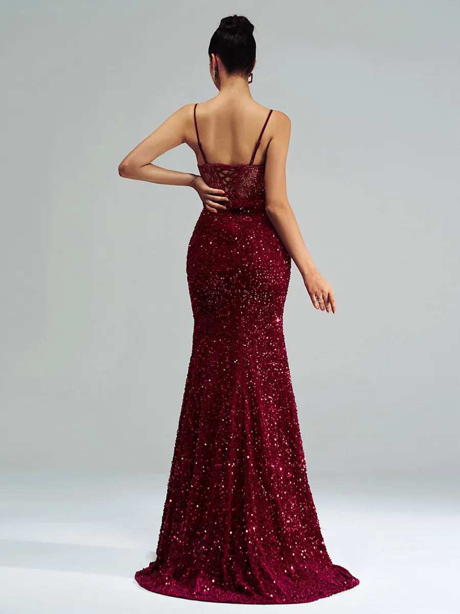 Weitese Dress Burgundy Spaghetti Straps Mermaid Evening Gown Sexy Sheer Lace And Sequins Prom Dress For Women