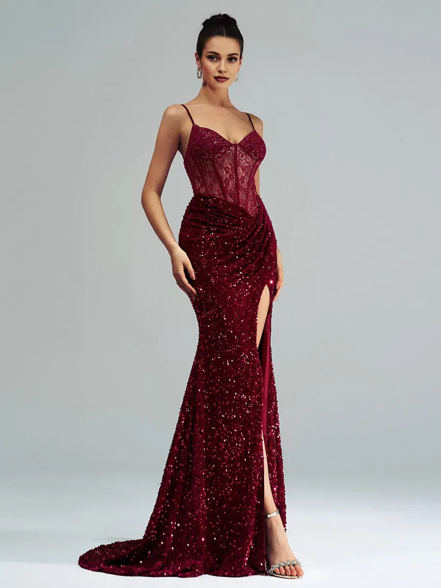 Weitese Dress Burgundy Spaghetti Straps Mermaid Evening Gown Sexy Sheer Lace And Sequins Prom Dress For Women