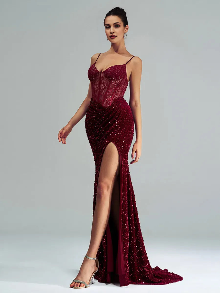 Weitese Dress Burgundy Spaghetti Straps Mermaid Evening Gown Sexy Sheer Lace And Sequins Prom Dress For Women